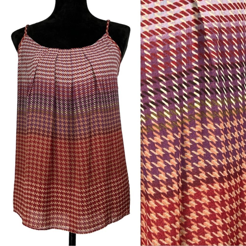 Cabi Plaid Tank Top Red Purple Wine Sleeveless Shell Blouse Houndstooth